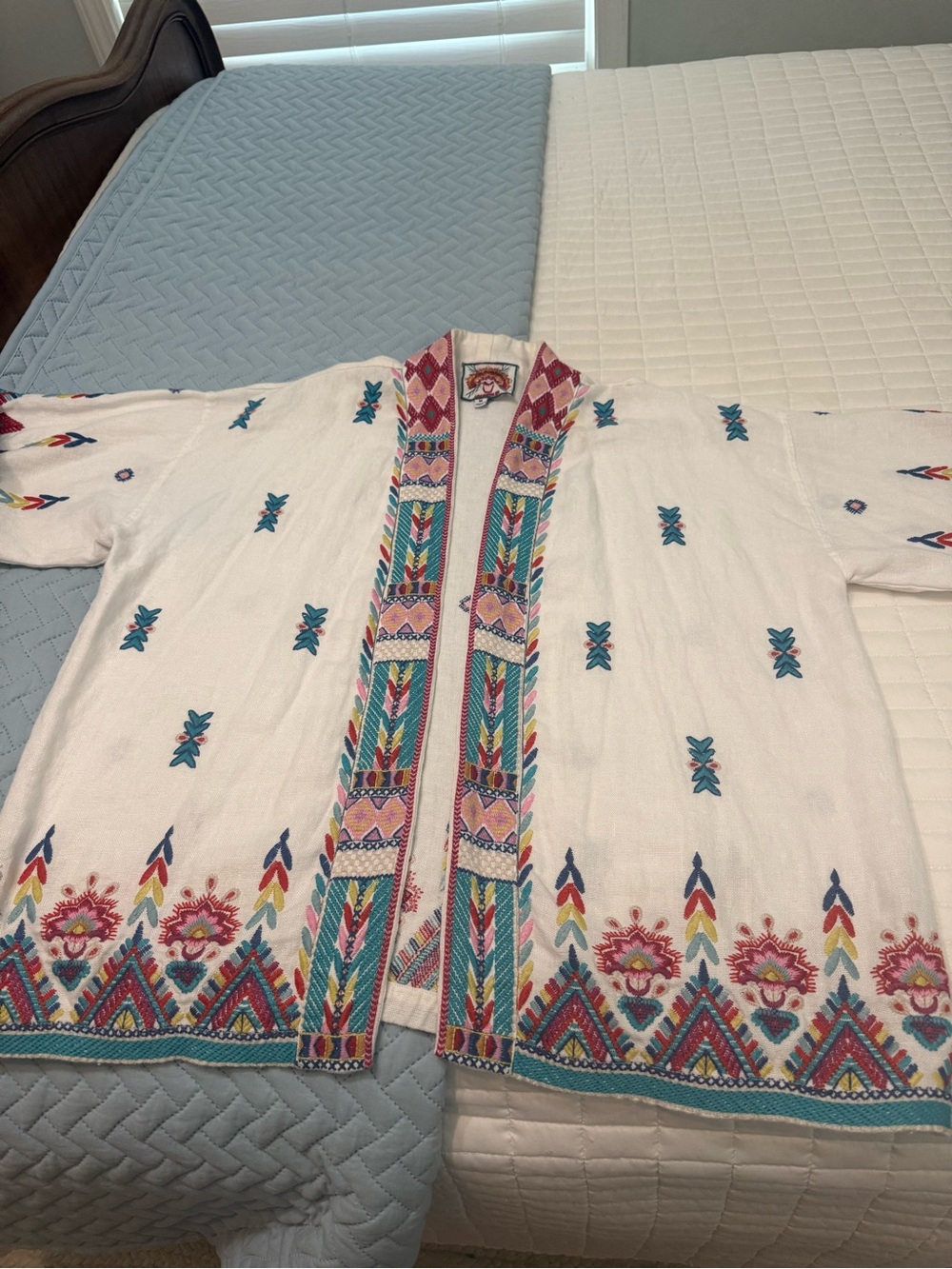 Johnny Was White Jacket with Pink, Gold & Green Embroidered Crest
